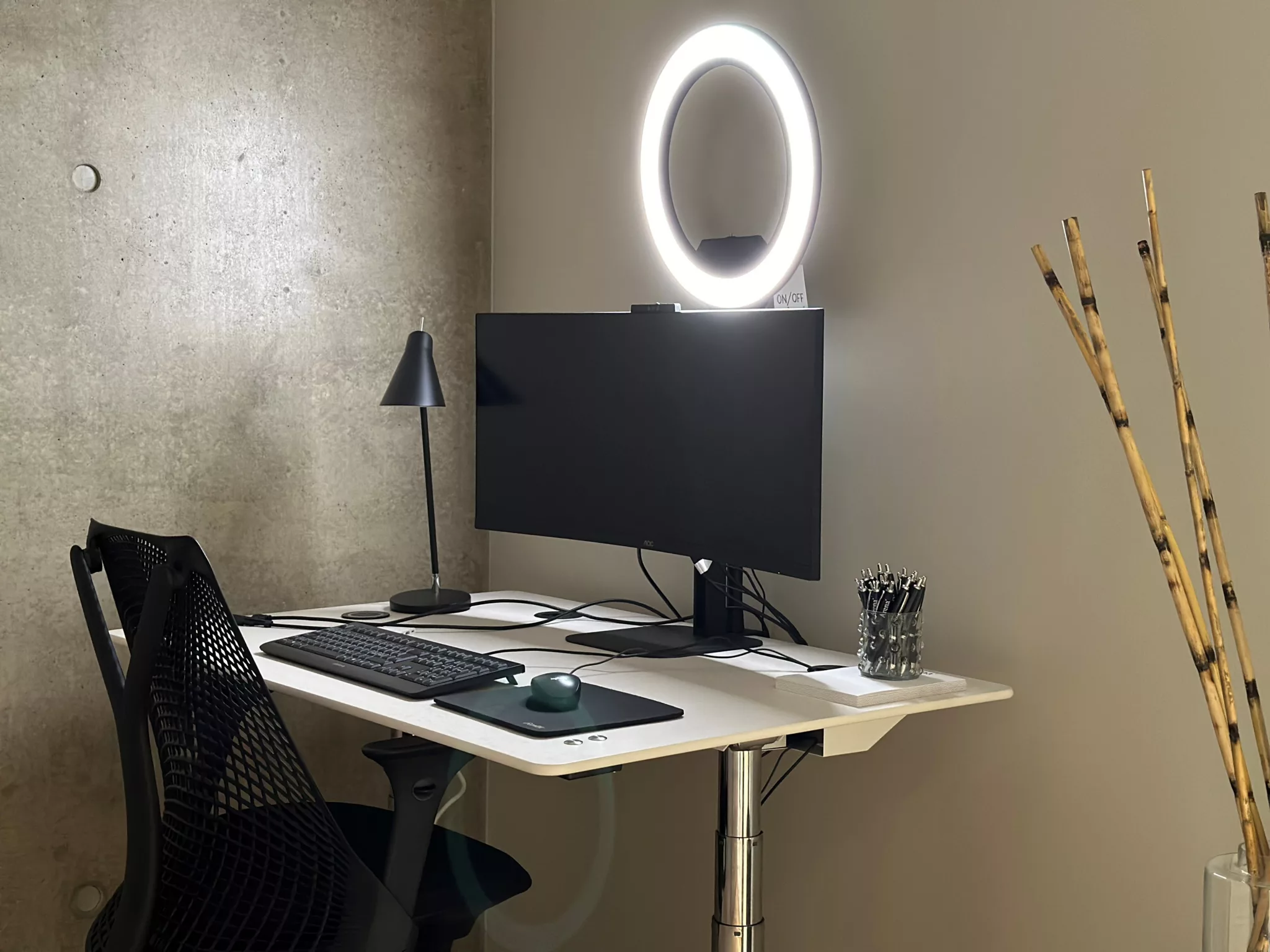 En arbetsstation med en dator, tangentbord, mus och en ringlampa monterad på skärmen. Ett skrivbordslampa och pennhållare står bredvid.