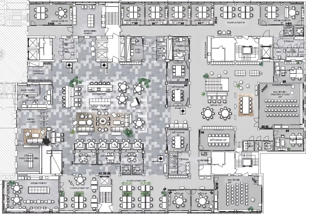 En arkitektritning över en byggnad med möbler, rum och detaljerade planlösningar.