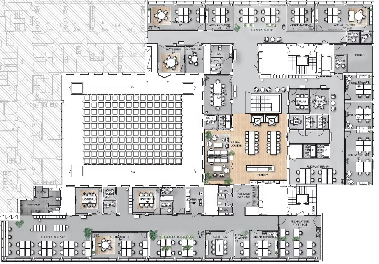 En detaljerad planritning som visar ett kontorsutrymme med mötesrum, arbetsstationer och loungeområden.