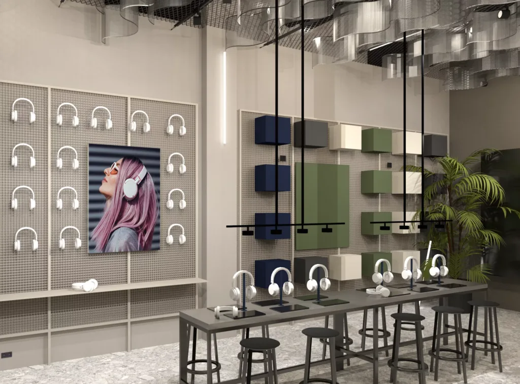 Modern butik med hörlurar på display, väggdekorationer och ett porträtt av kvinna med rosa hår och hörlurar.