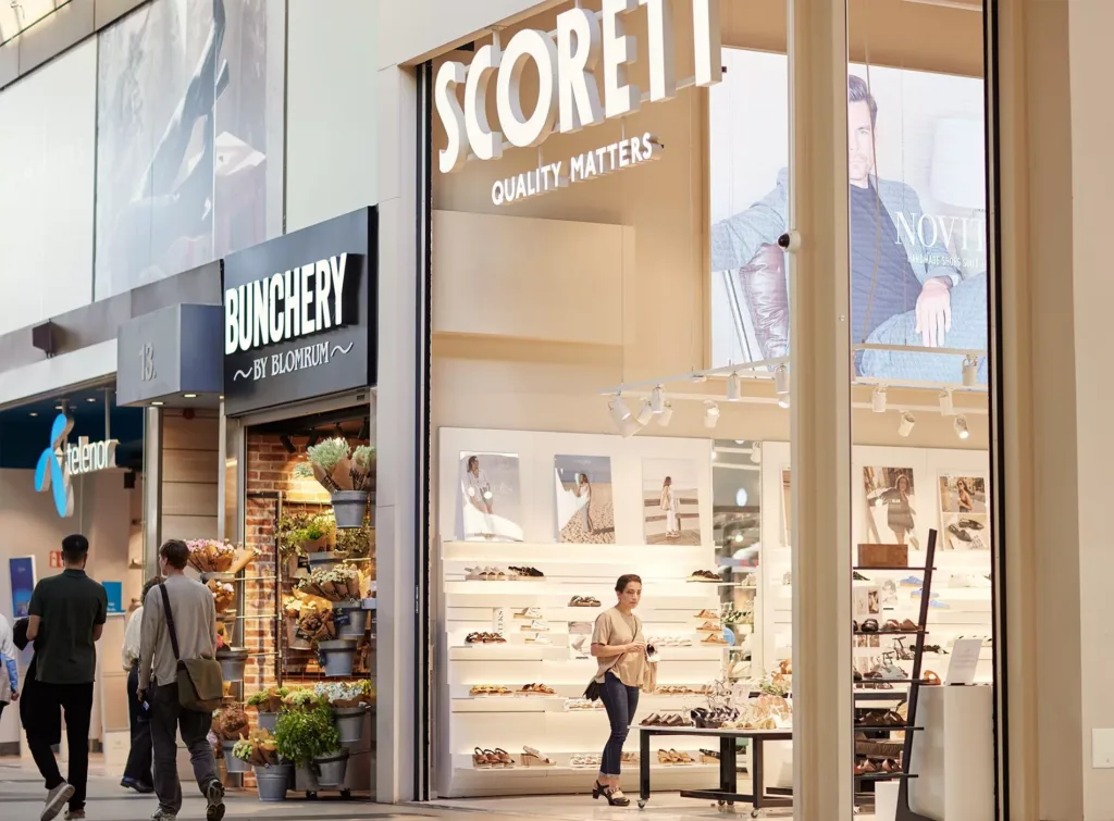 Fasad av två butiker bredvid varandra, "Scorett" och "Blomstery." En person går in till "Scorett."