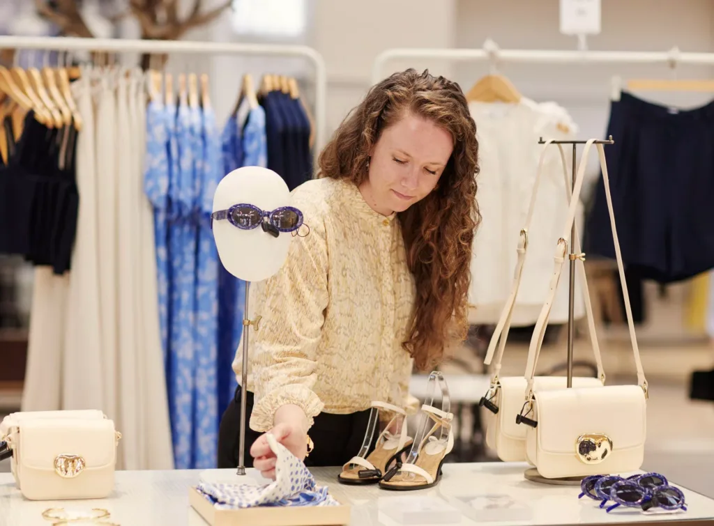 En kvinna med långt lockigt hår inspekterar varor i en butik, inklusive skor och accessoarer.