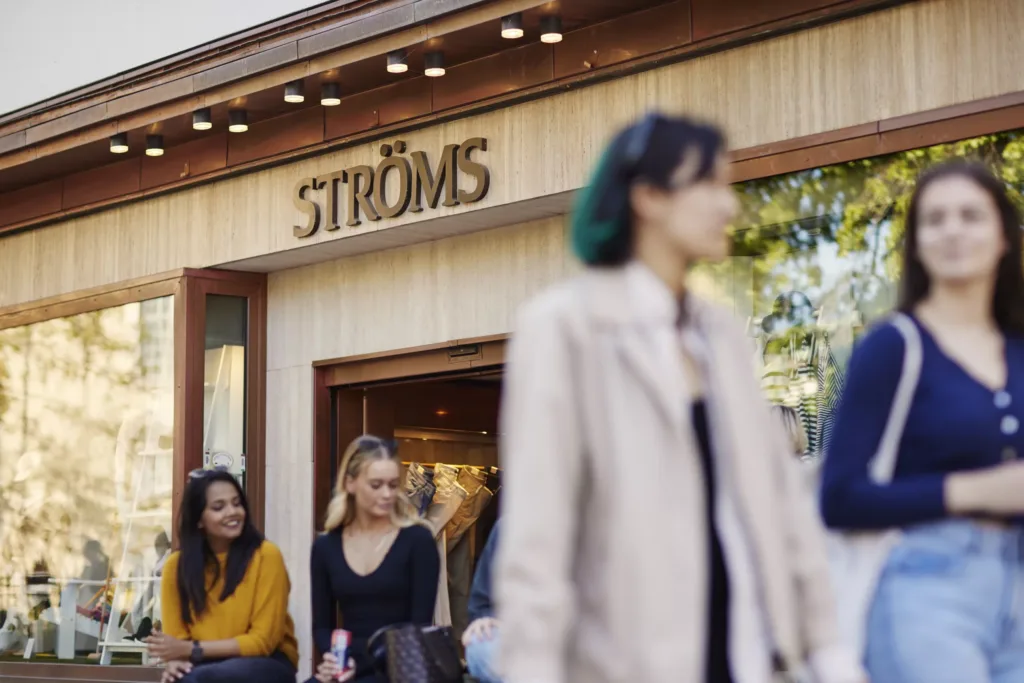 3. Ett par personer sitter utanför en butik med skylten "Ströms", medan en förbipasserande suddigt syns i förgrunden.