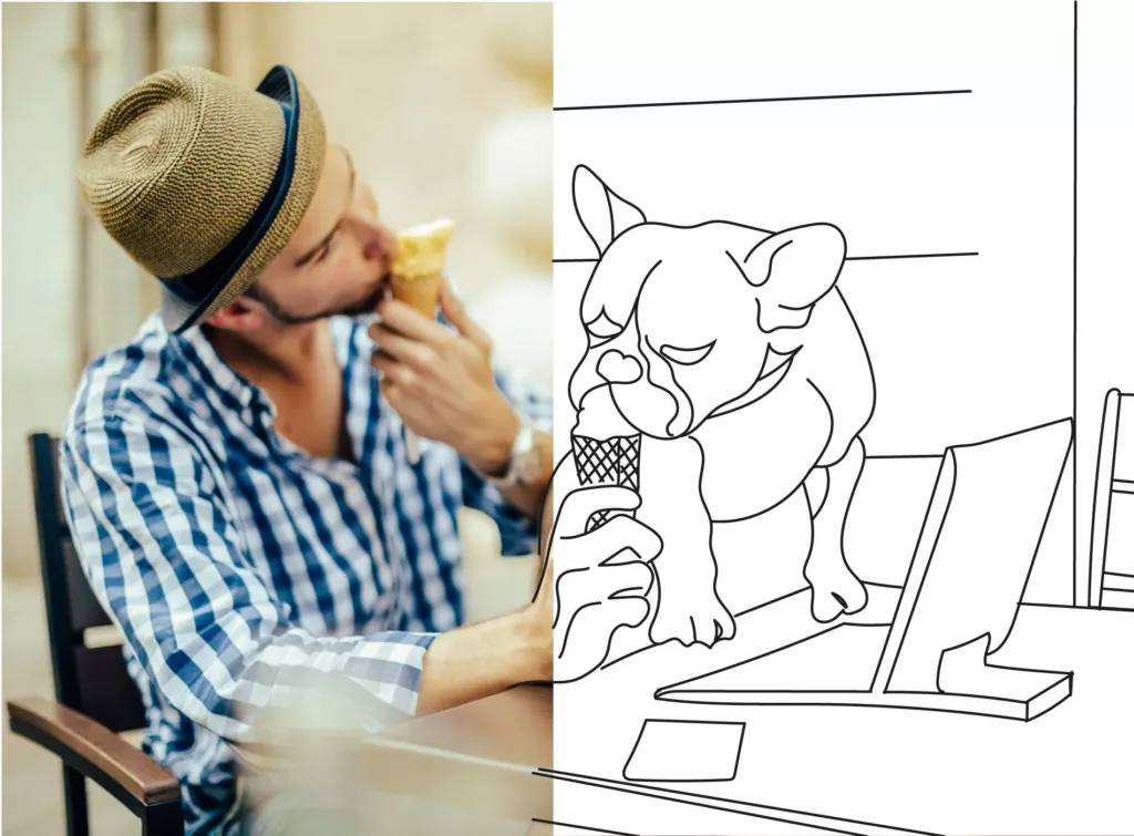 5. En man med hatt som äter glass, bredvid en illustrerad teckning av en hund som också sträcker sig mot glassen.