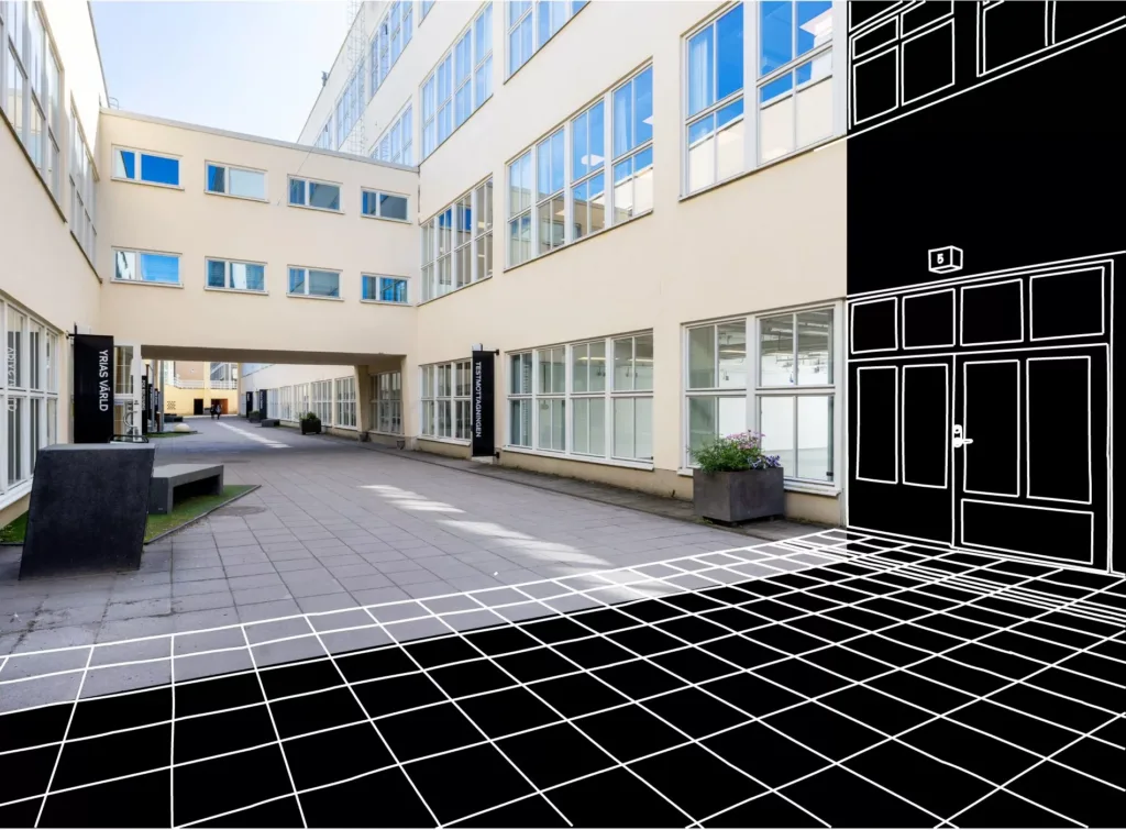 1. En innergård med moderna byggnader, där en del av marken och fasaden är visuellt markerad med ett rutnät och svart bakgrund.