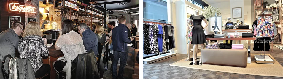 Två bilder sida vid sida: till vänster en grupp människor i en restaurangmiljö, till höger en klädhängare med färgglada kläder i en butik.