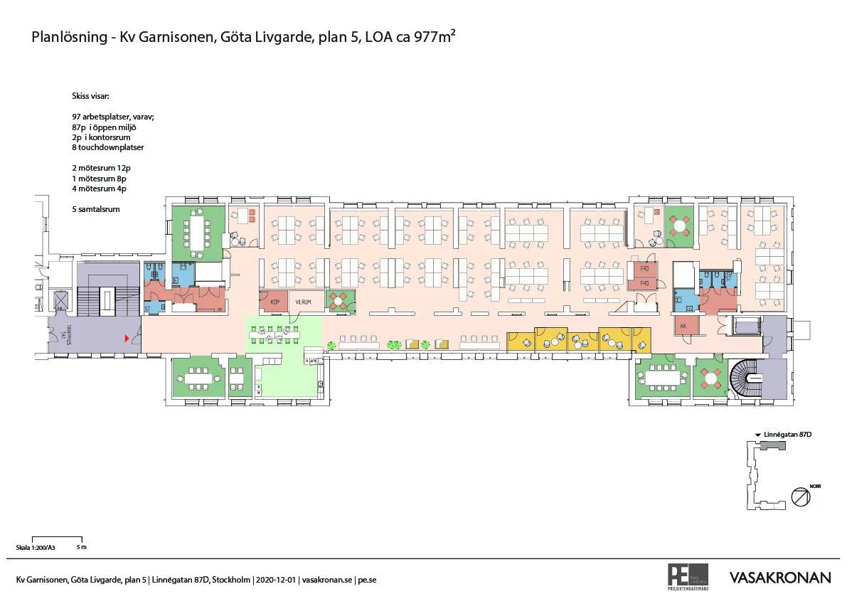 En planritning över en byggnad med olika färgade sektioner och texten "Göta Lejon, plan 5, 1 034 m² NFA".