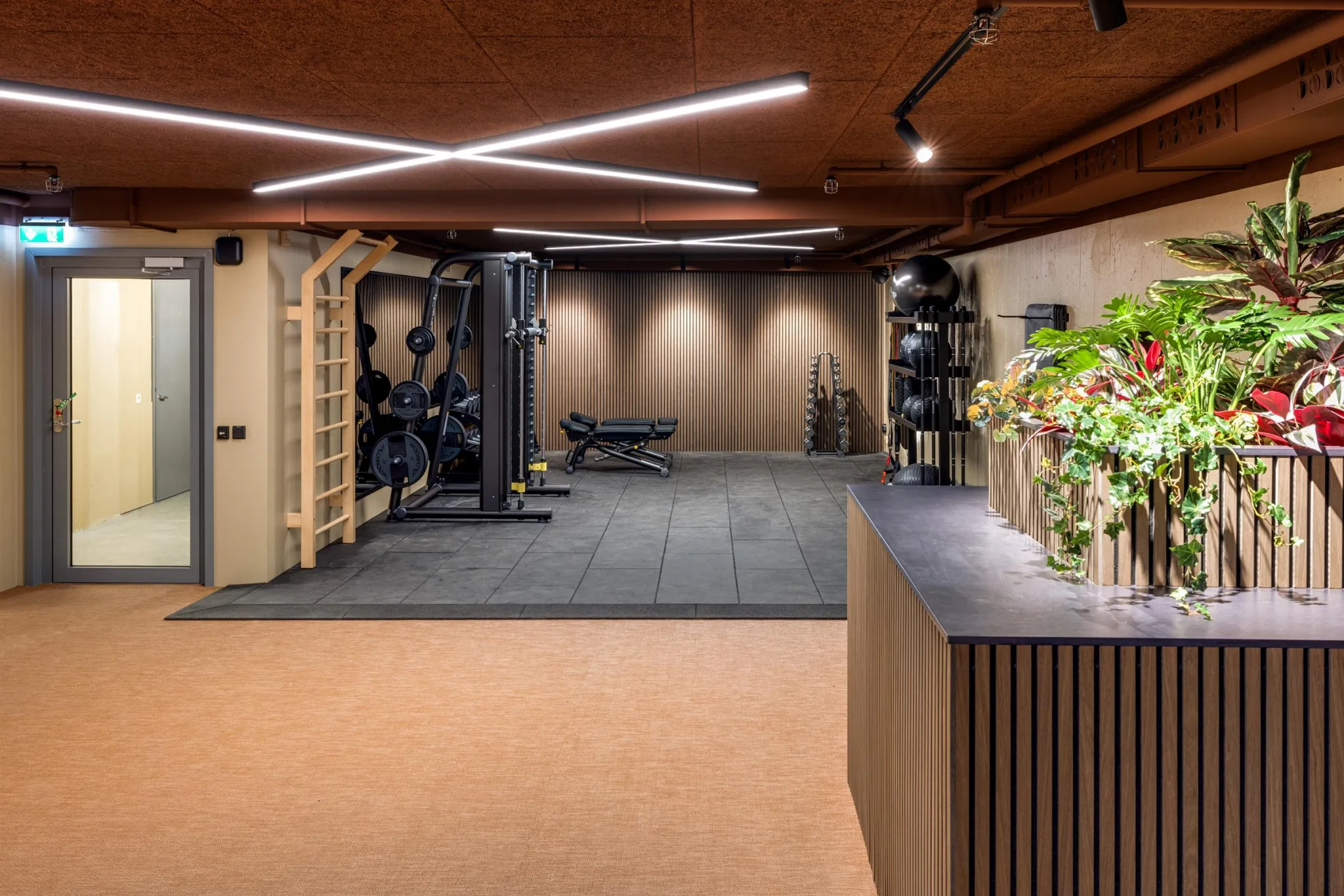 4. Ett gym med träningsmaskiner, vikter och en receptionsdisk med växter.