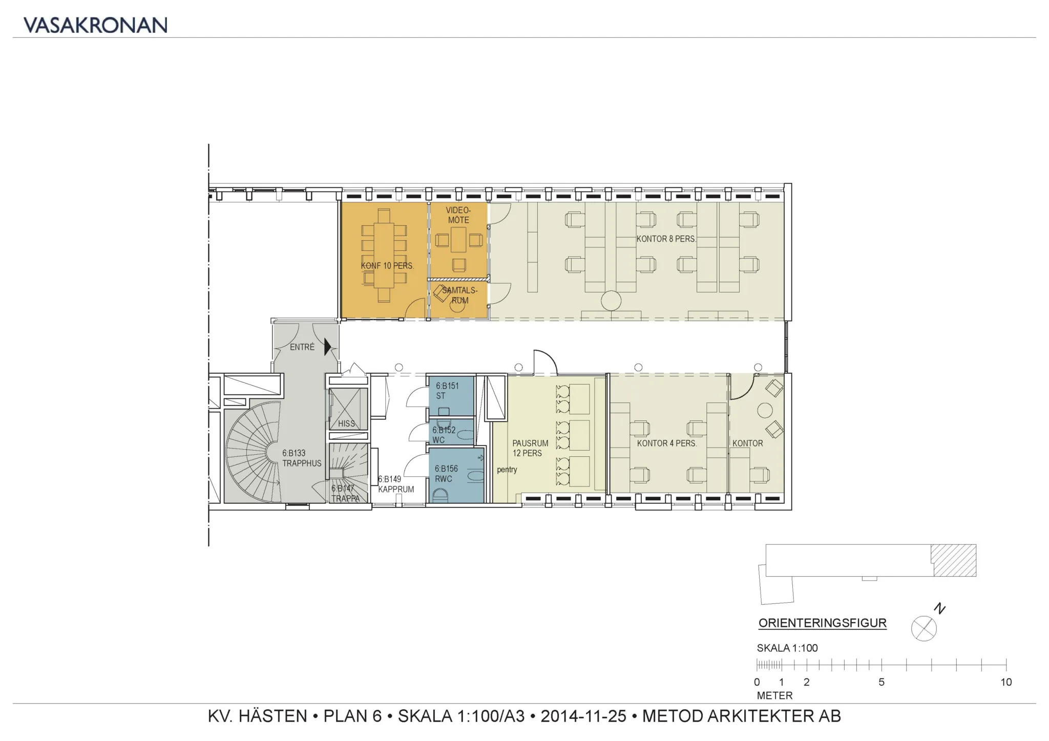 Planritning med markerade områden i olika färger som visar rum och funktioner. Text längst ner: "KV MASTEN - PLAN 1 - SKALA 1:1000 - 2022-11-25 - METRO ARKITEKTER AB".