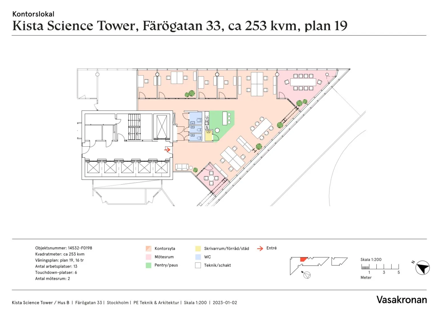 4. En planritning över ett kontor på plan 19 i Science Tower, Farögatan 33, med olika områden markerade.