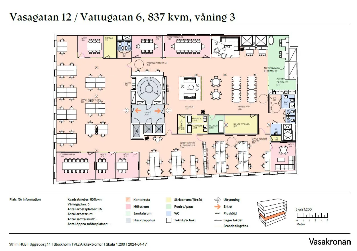 5. En planritning för Vattugatan 6, våning 3, som visar olika arbetsytor, mötesrum och gemensamma områden med färgkodning för olika kategorier.