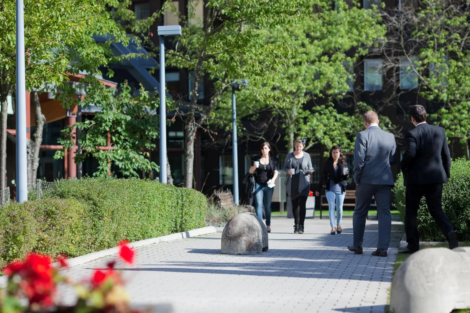 En gångväg kantad av gröna buskar och träd, där flera människor promenerar i en solig utomhusmiljö.