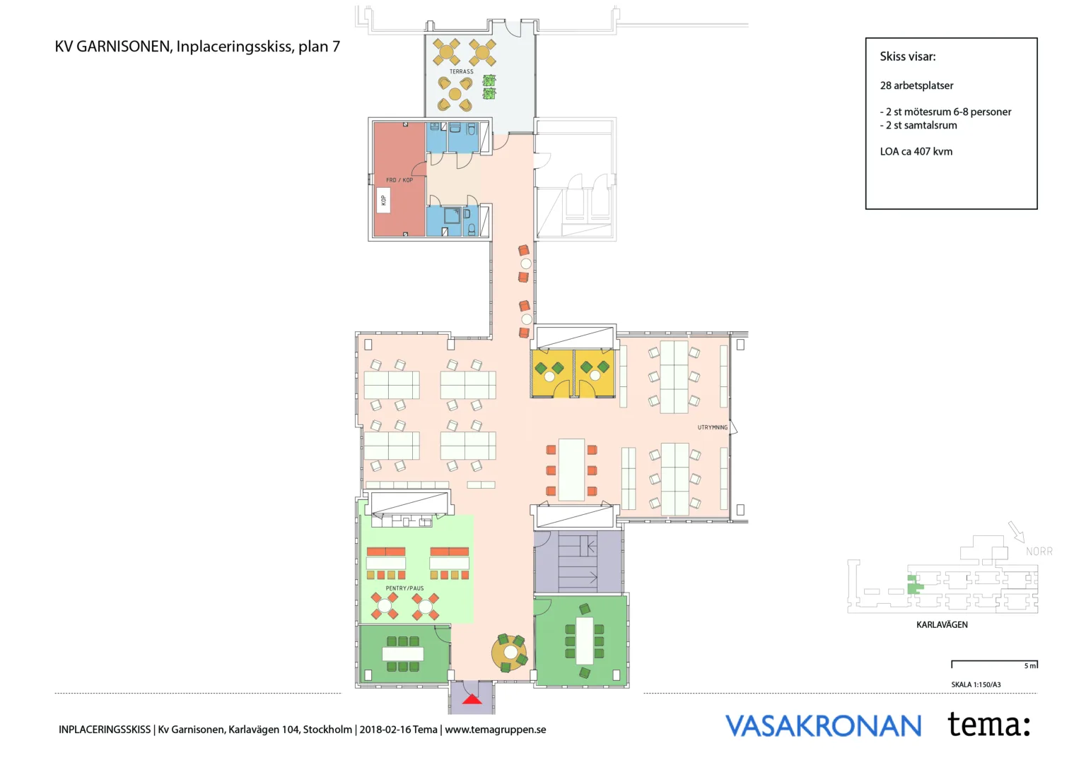 En planlösning av en byggnad med olika färgkodade sektioner och texten "Vasakronan" längst ned till höger.