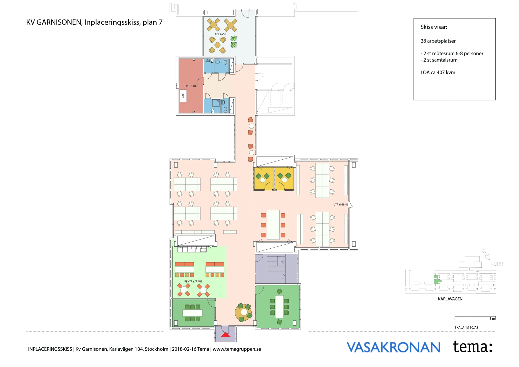En planlösning av en byggnad med olika färgkodade sektioner och texten "Vasakronan" längst ned till höger.