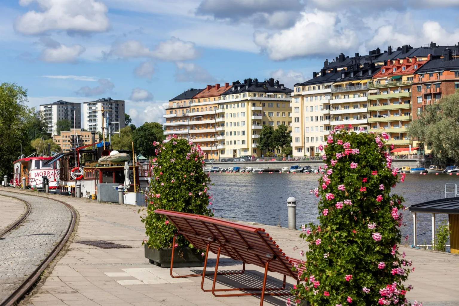 En kaj med blommor, bänkar och utsikt över vattnet och färgglada byggnader.