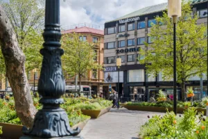 En stadsmiljö med grönområden, lyktstolpe, byggnader och människor på en solig dag.