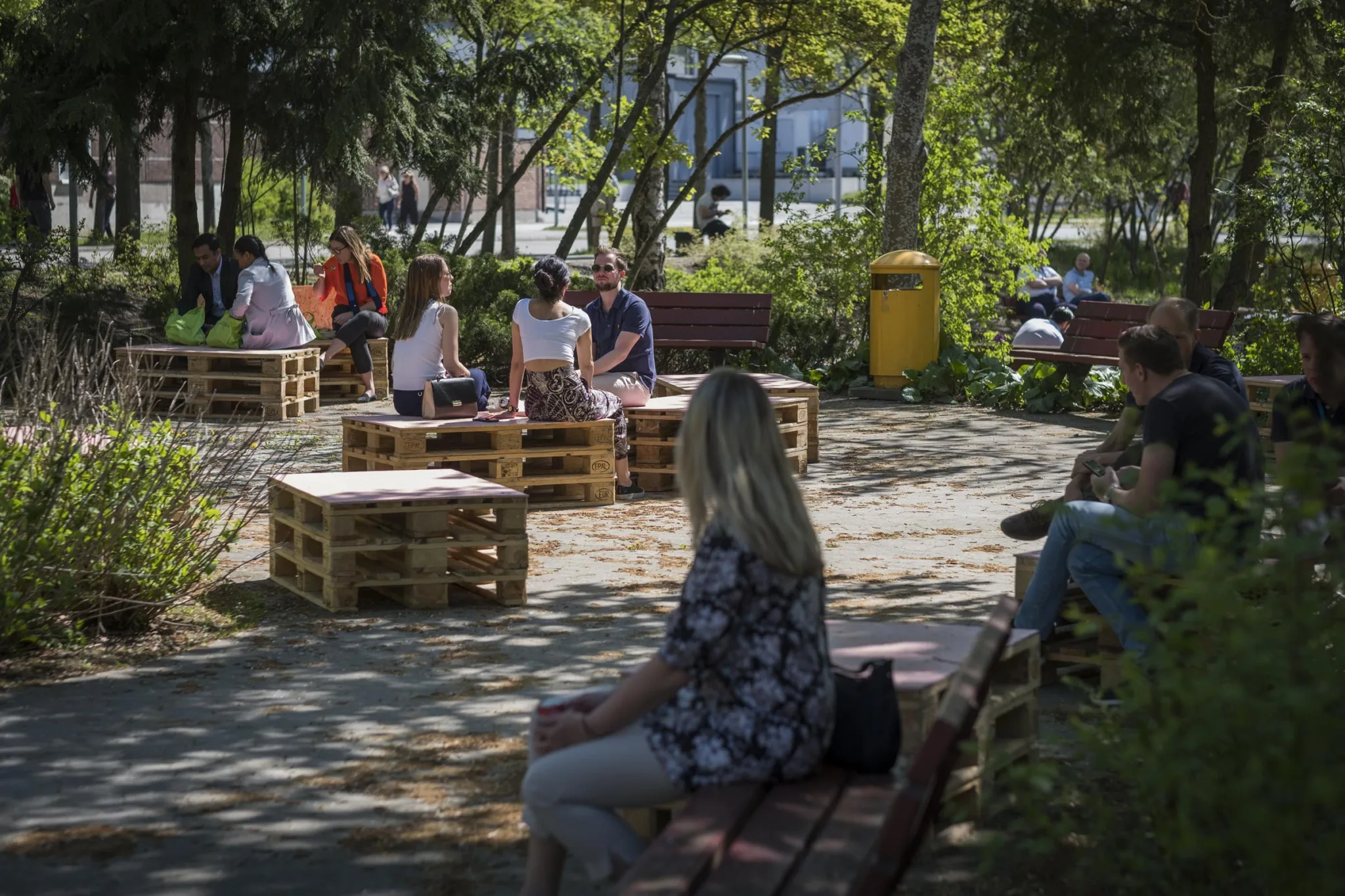 3. Utomhuspark med människor som sitter på bänkar och bord gjorda av träpallar, omgiven av träd och grönska.
