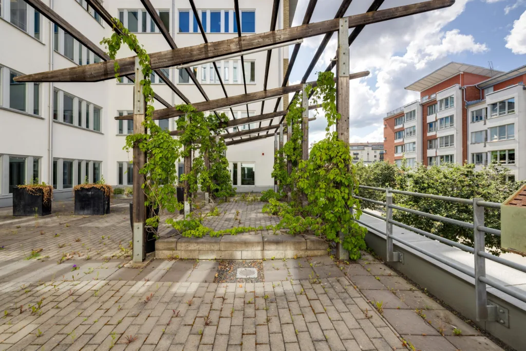 2. En innergård med pergola täckt av grönska och omgivande moderna byggnader.