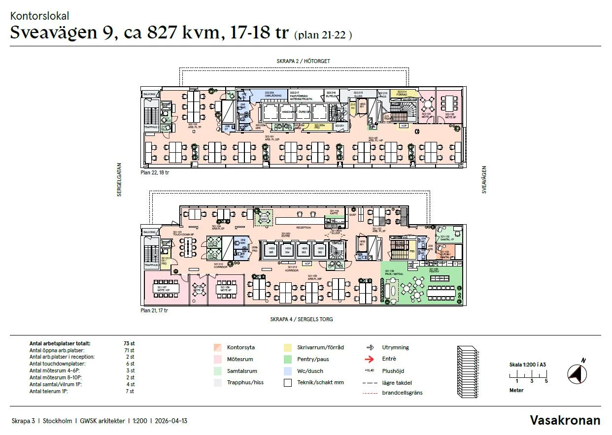 Planritning över två våningar med kontorslokaler, färgkodade områden och text som beskriver funktioner.
