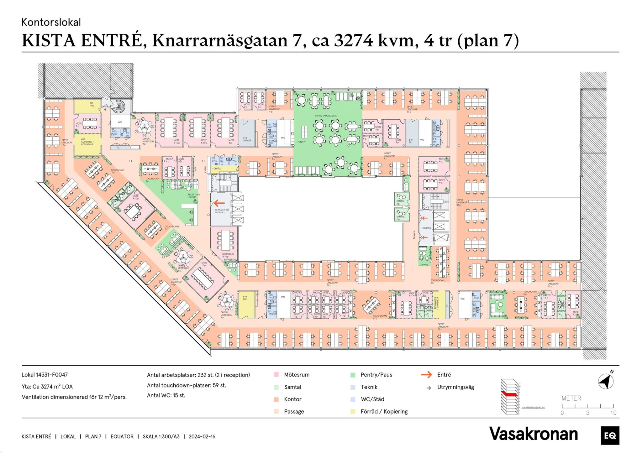 En planritning för Knarrarnäsgatan 7, cirka 3274 kvm, plan 7, med markerade områden och text.