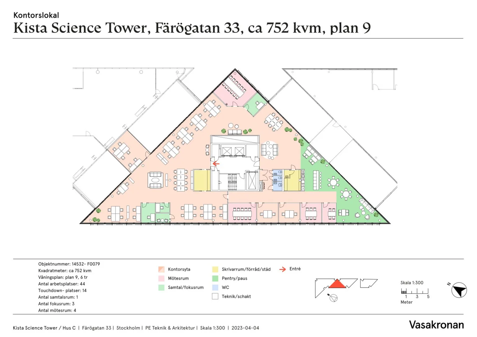 En ritning över ett våningsplan i Science Tower, Farögatan 33, ca 752 kvm, plan 9, med olika rum markerade och en förklarande legend.