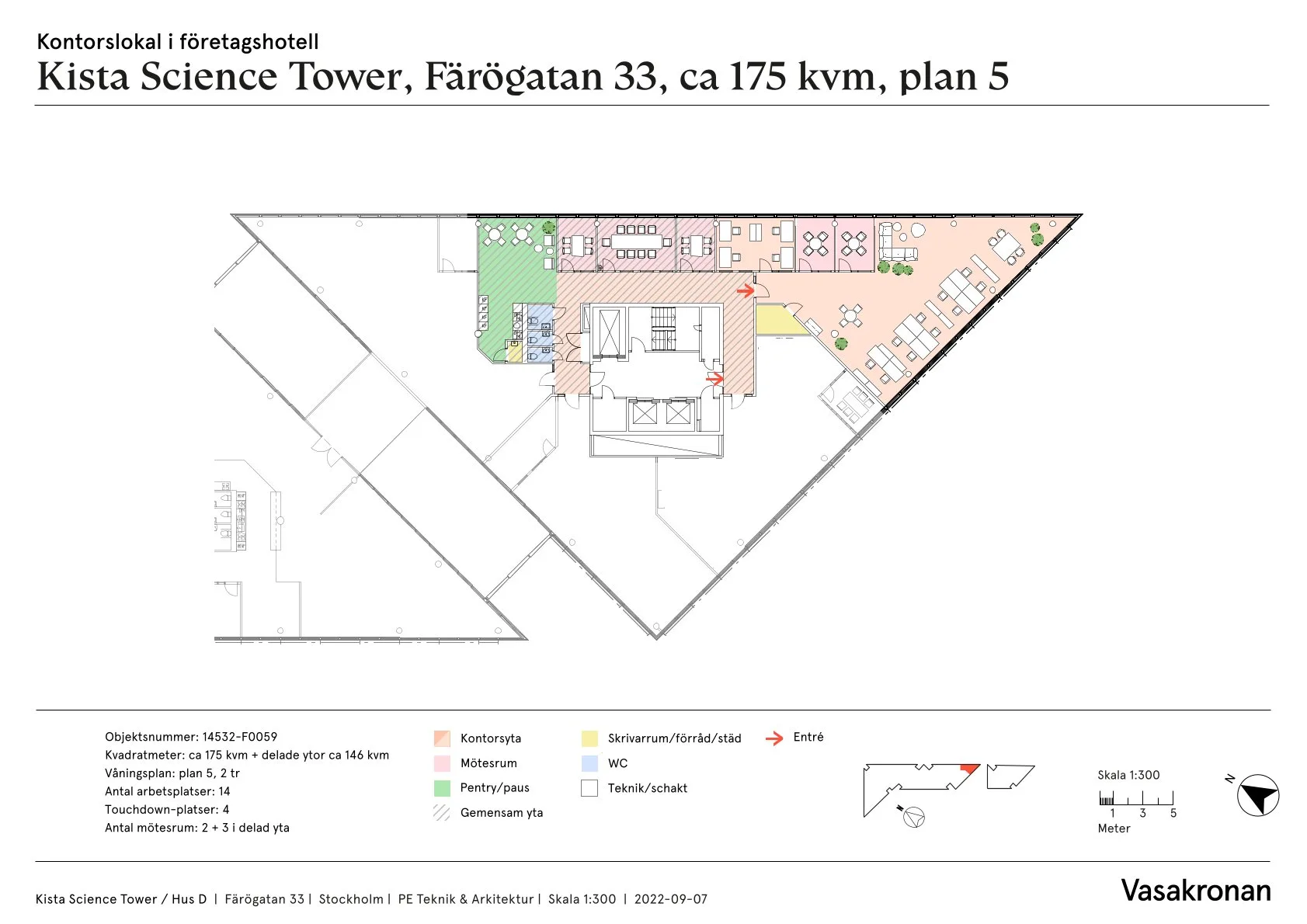 En ritning av Science Tower, Farögatan 33, ca 175 kvm, plan 5, med markerade områden och en legend som visar olika funktioner.