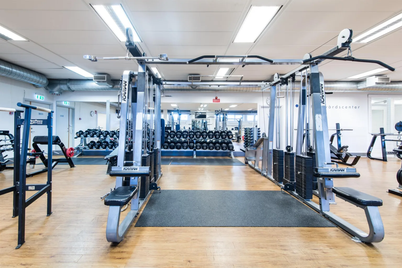 Ett gym med träningsmaskiner, fria vikter och speglar på väggarna, upplyst av taklampor.