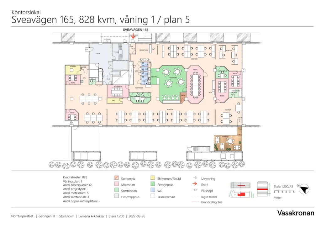 1. Planritning över en lokal på 828 kvm, våning 1/plan 5 med färgkodade områden och en förklarande legend längst ned.