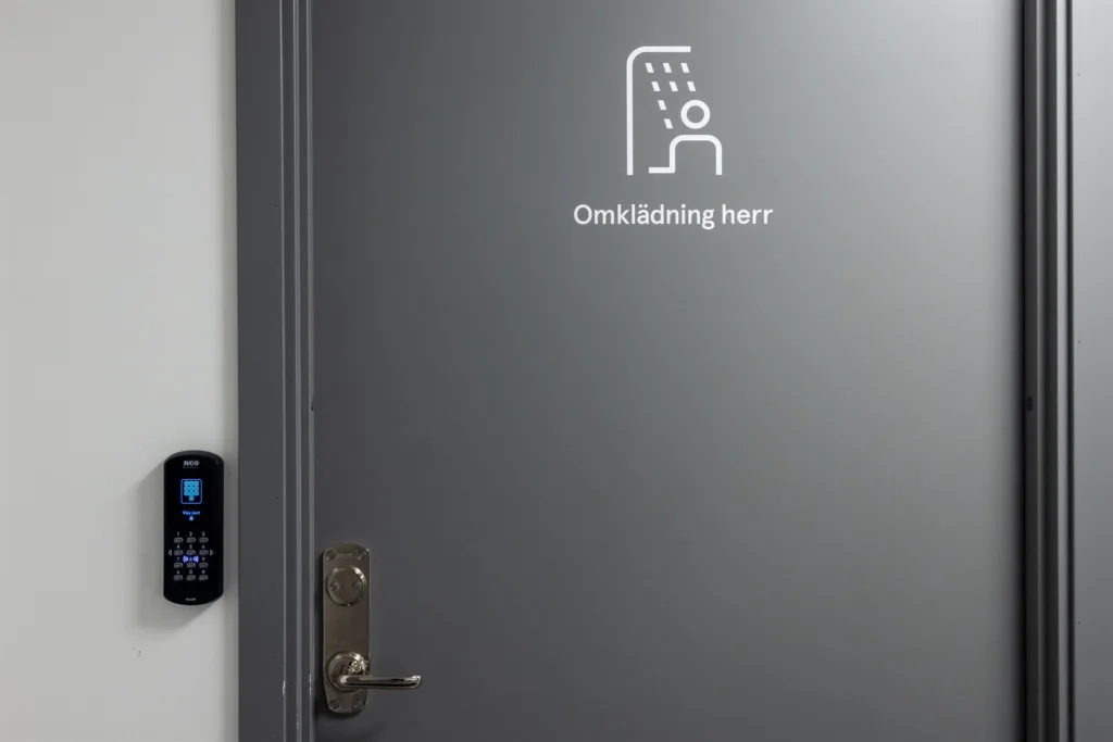 4. En grå dörr med texten "Omklädning herr" och en symbol för en dusch.