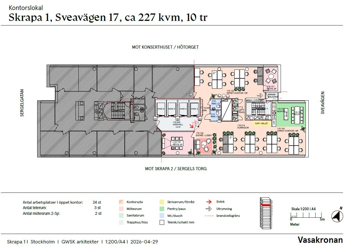 4. En ritning över Sveavägen 17 med ca 227 kvm och 10 rum, text och symboler som visar olika områden.