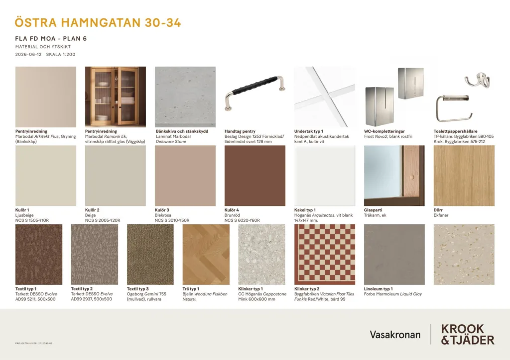 En materialöversikt med olika färger, texturer och produkter, inklusive texten "Kampanegatan 30-34" längst upp.