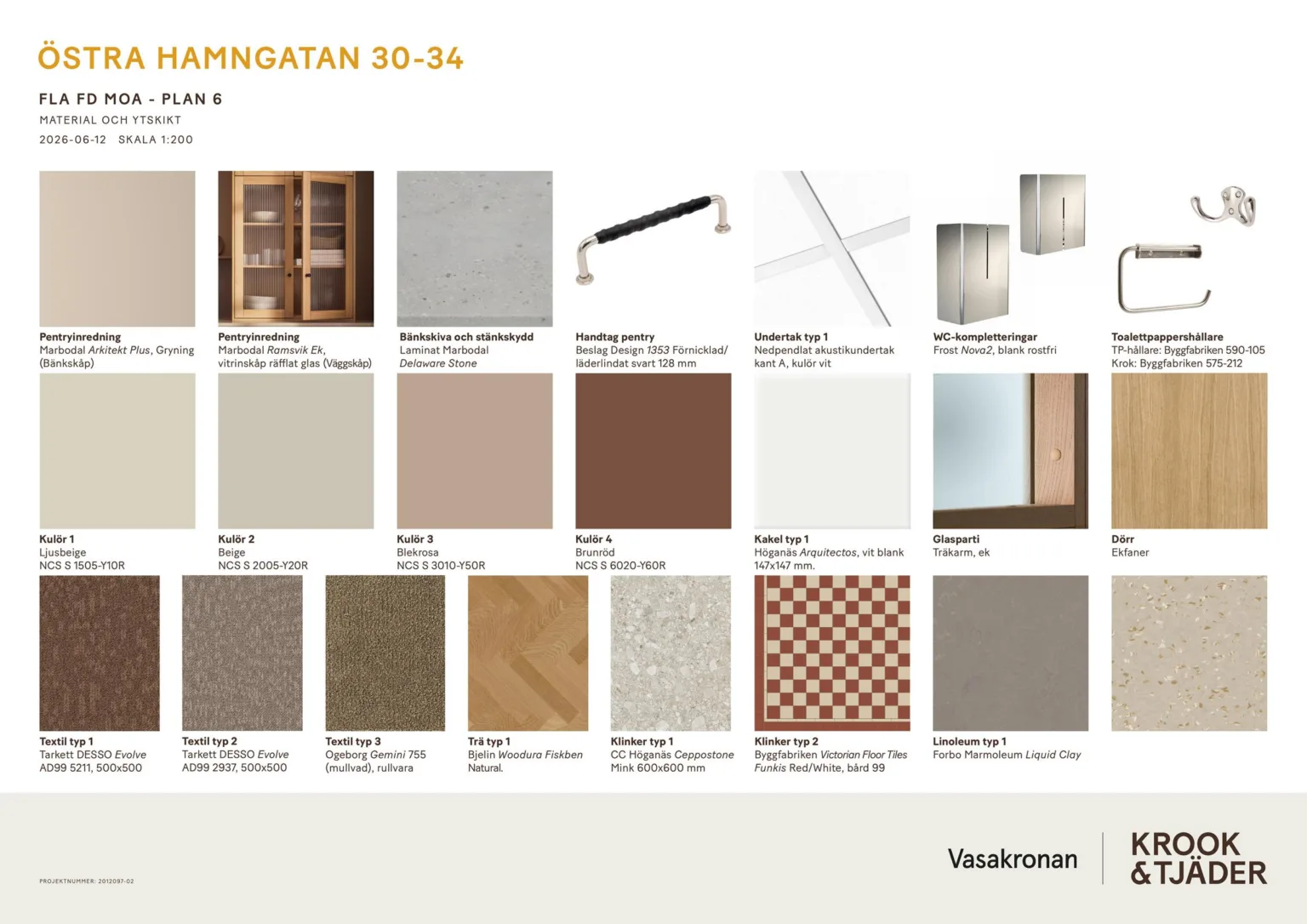 Materialöversikt med text och bilder av olika färger och ytor, samt rubriken "Drottninggatan 30-34".