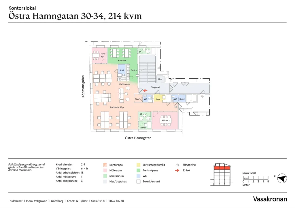 En planritning för "Kampanegatan 30-34, 216 kvm" med färgkodade områden, rum och en legend längst ner.