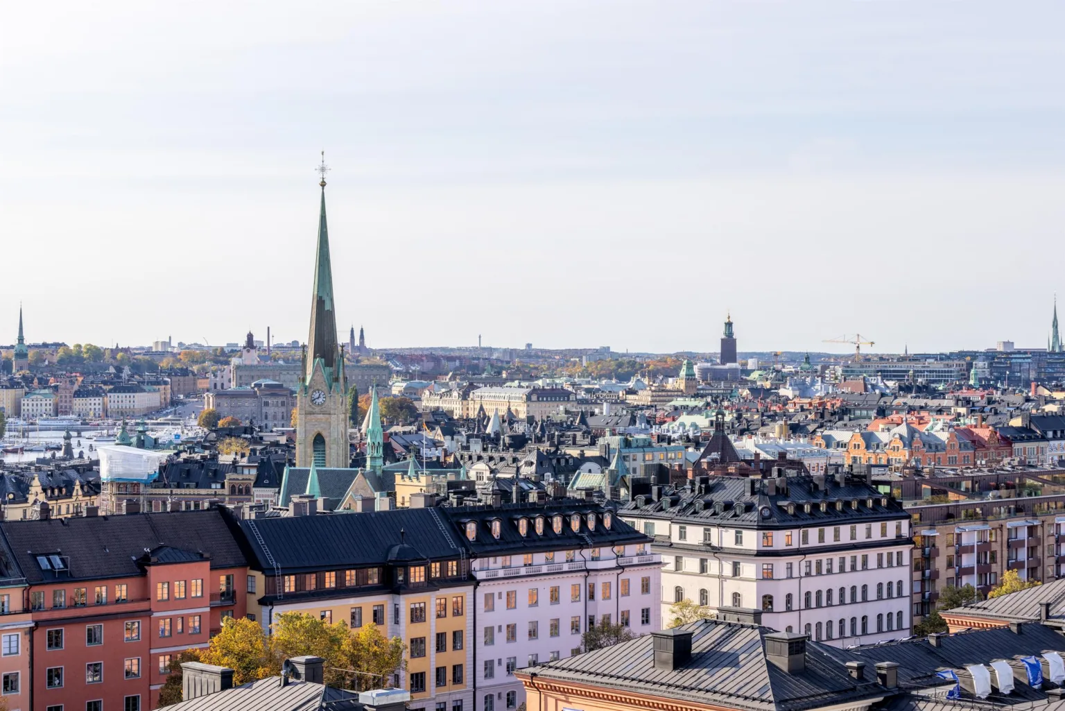 Stadsvy med kyrktorn, byggnader och tak i olika färger.