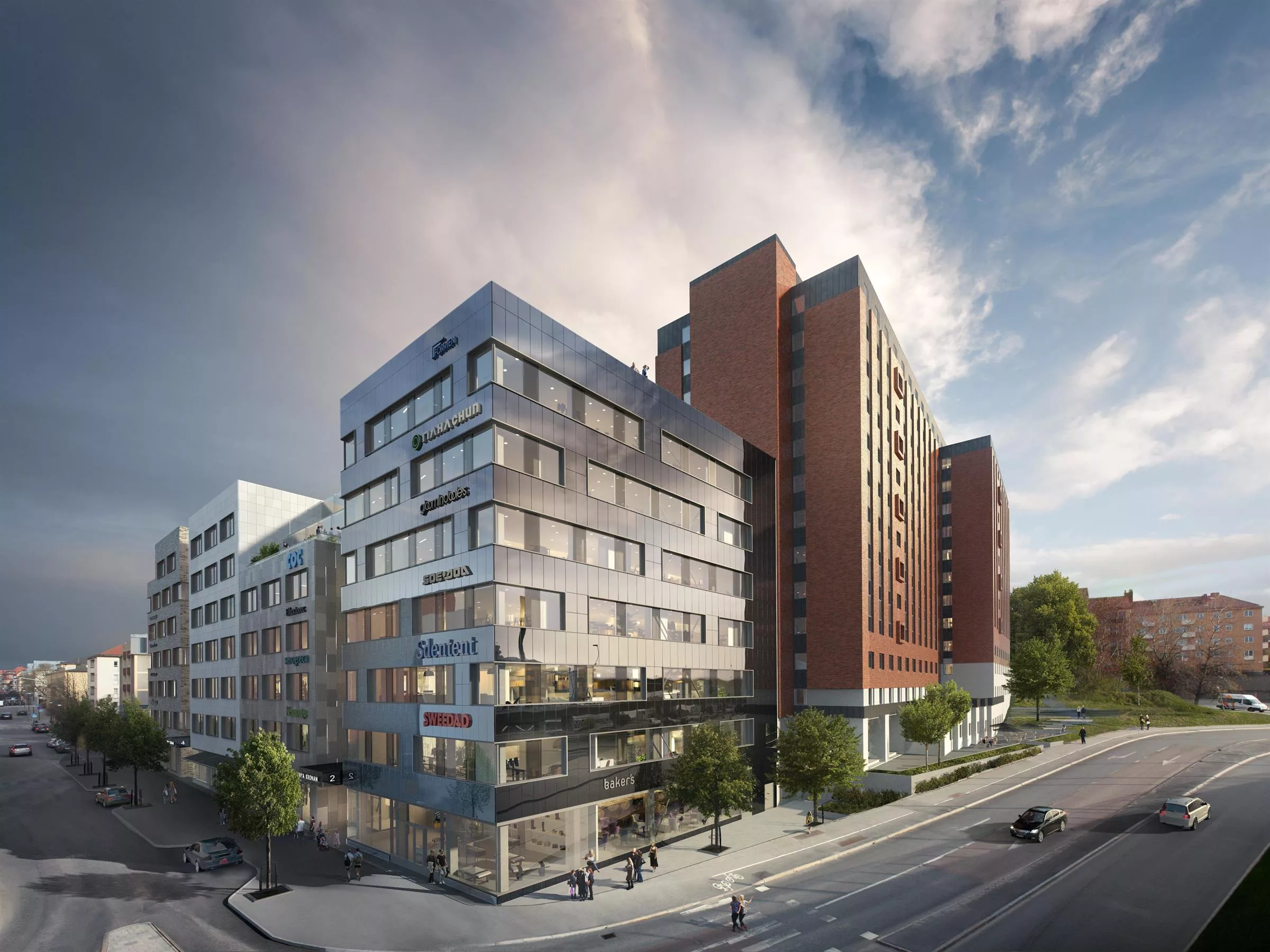5. Flerbostadshus med en mix av glas och tegelväggar, omgivande grönska och trottoar.