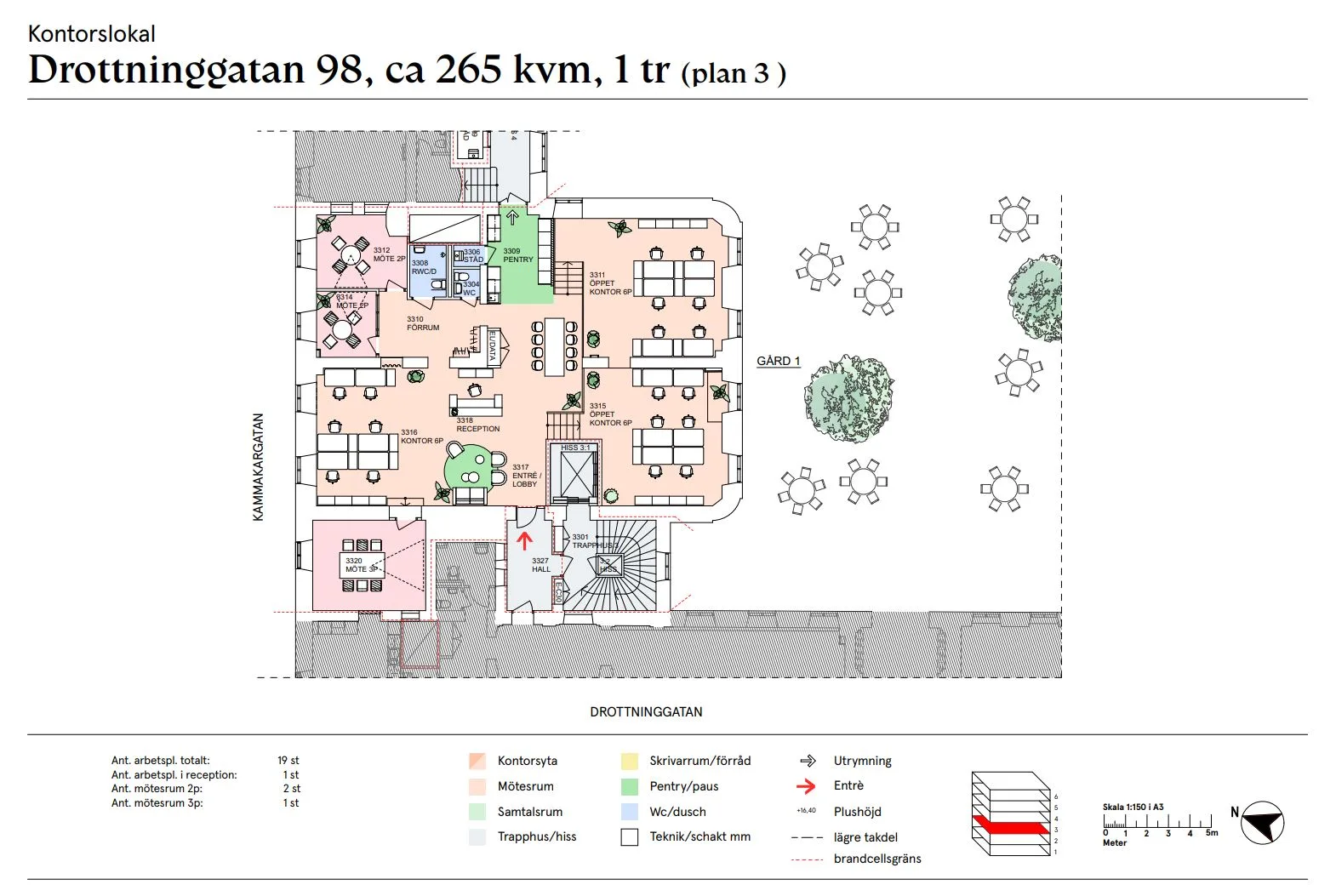 Planritning för lokal på Norrlandsgatan 98, ca 265 kvm, plan 3, med möblerade arbets- och sociala ytor samt färgkoder för olika funktioner.