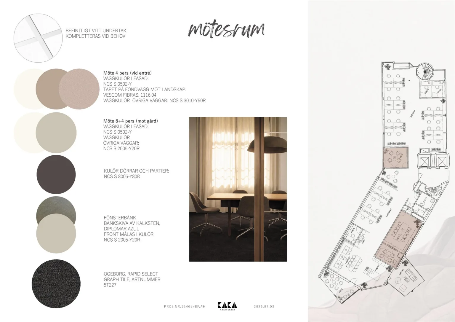 En designpresentation med färgprover, texten "mötesrum", en interiörbild och en golvplan.
