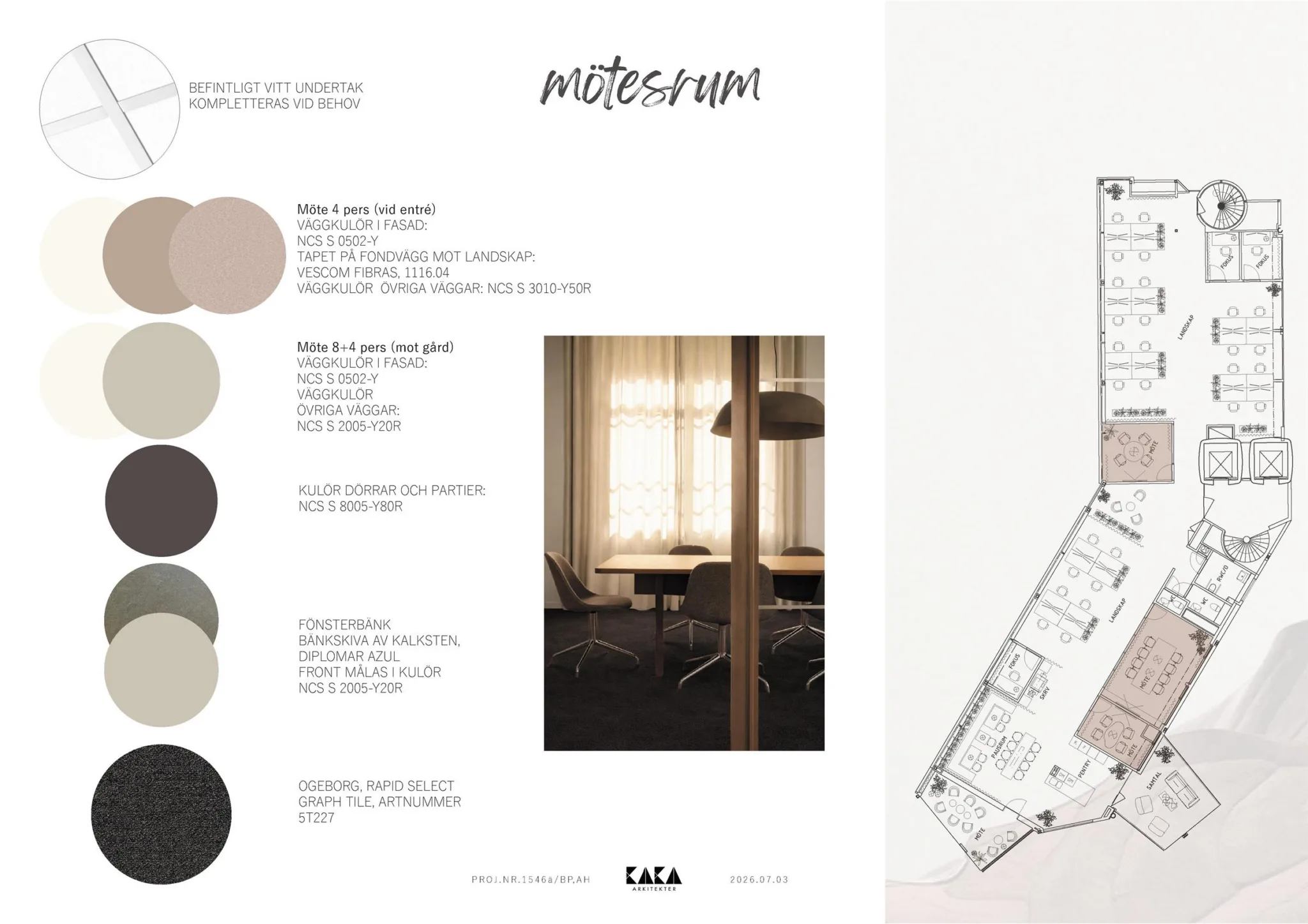 En designpresentation med färgprover, texten "mötesrum", en interiörbild och en golvplan.