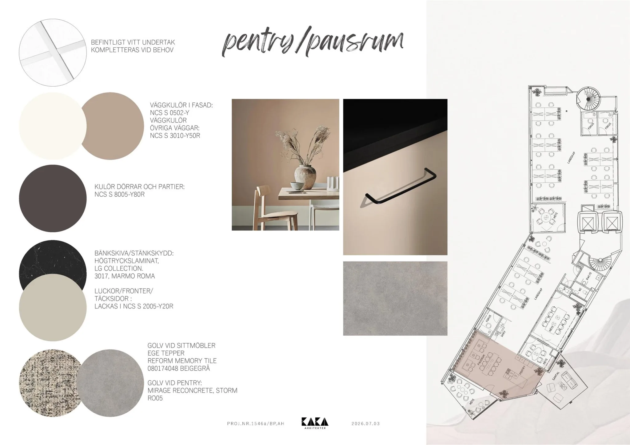 En presentation med text om pantry/loungeområde, bilder på en bänkskiva och en krok samt en planritning.