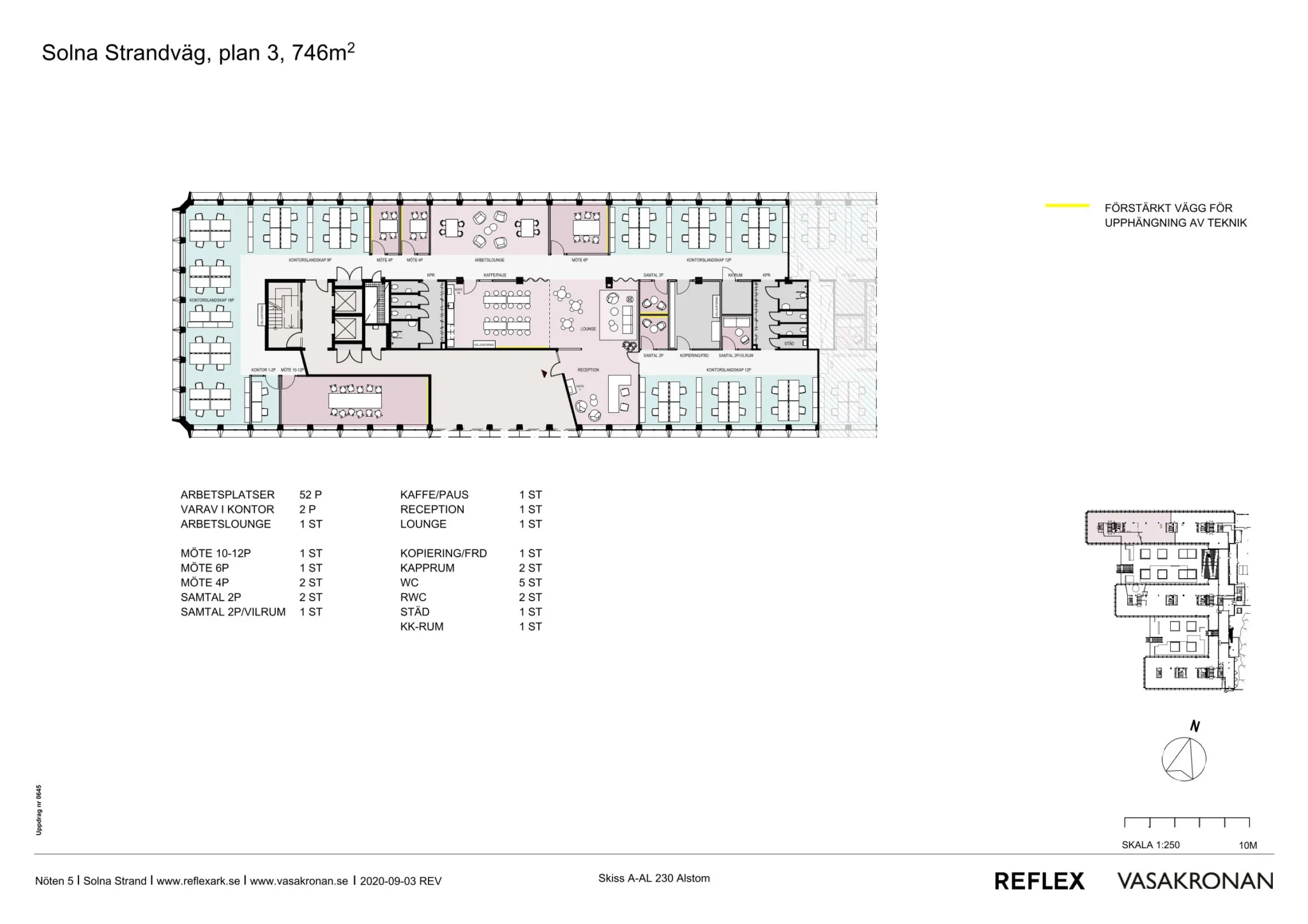 Planritning med en detaljerad layout av våning 3, innehållande rum och möbler samt en förteckning med rumsbeskrivningar och mått.