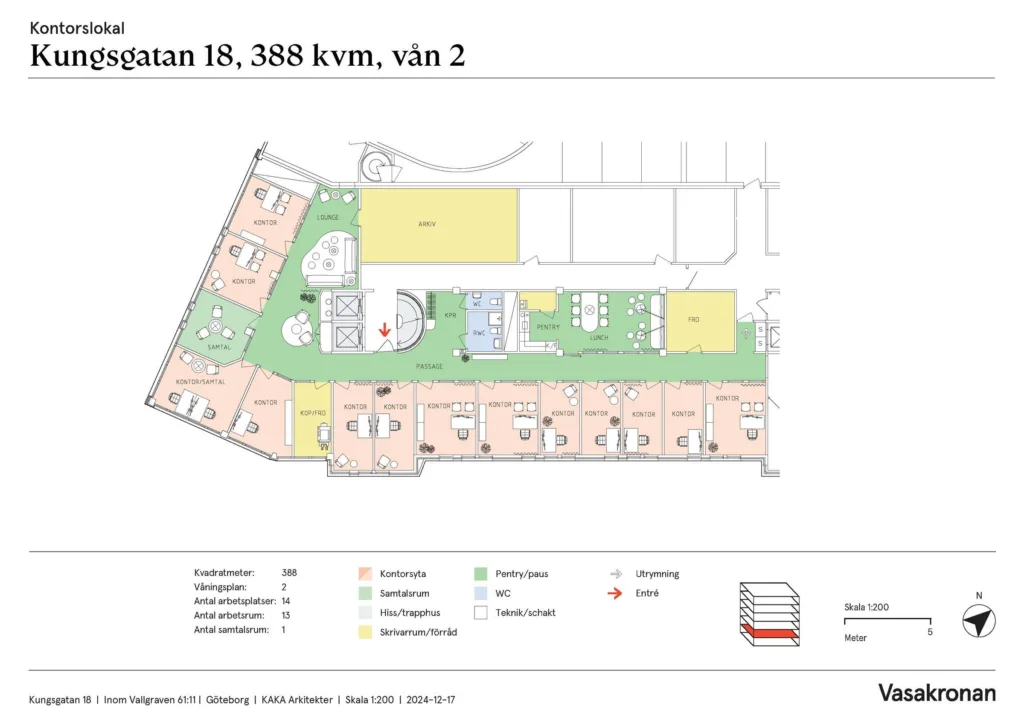 En ritning av våningsplan 2, 388 kvm, med färgkodade områden och legend.