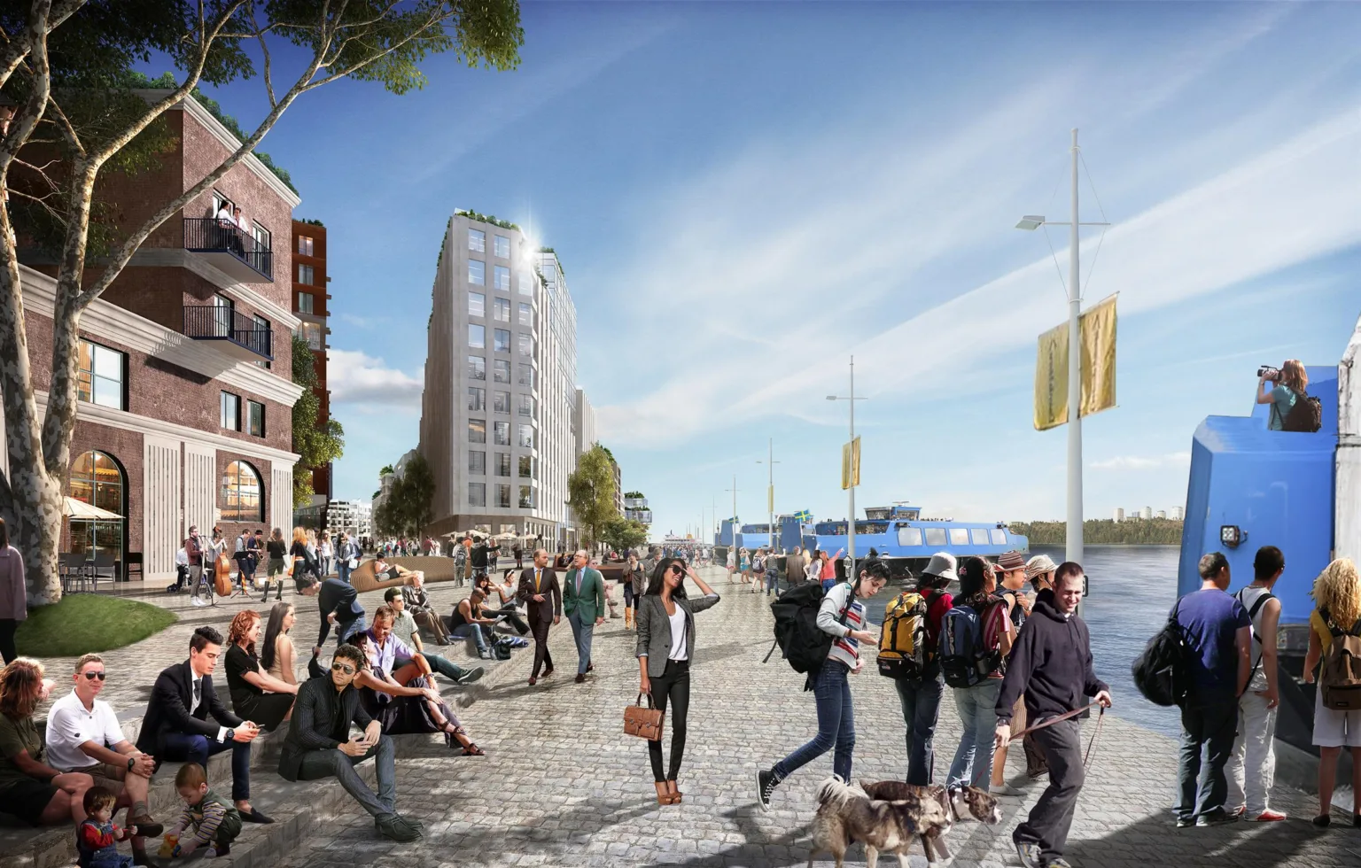 4. Folkliv vid en kaj med moderna byggnader, träd och hundar i bakgrunden.