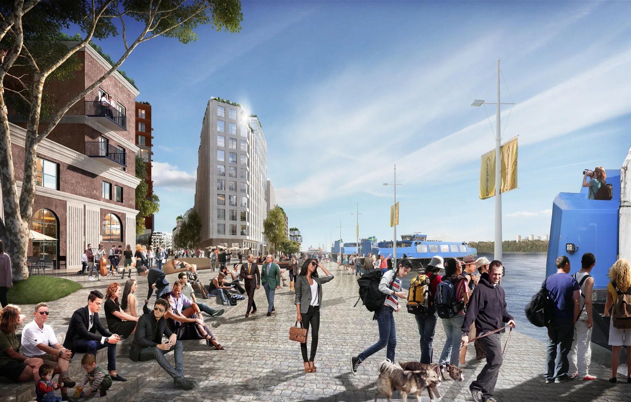 4. Folkliv vid en kaj med moderna byggnader, träd och hundar i bakgrunden.