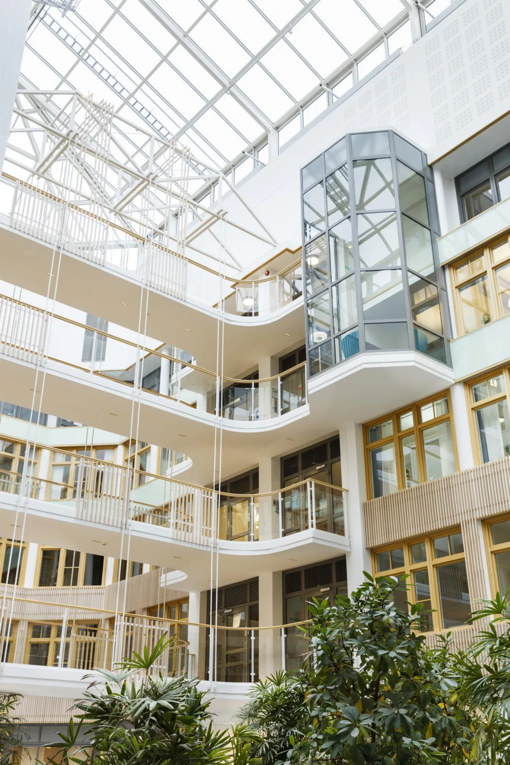 3. En modern byggnadsatrium med flera våningar, glasväggar och balkonger.