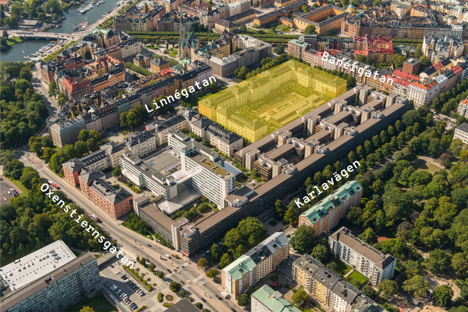 5. En flygbild över en stadsdel med etiketterade områden som "Linnégatan," "Karlavägen," och ett markerat gult område.