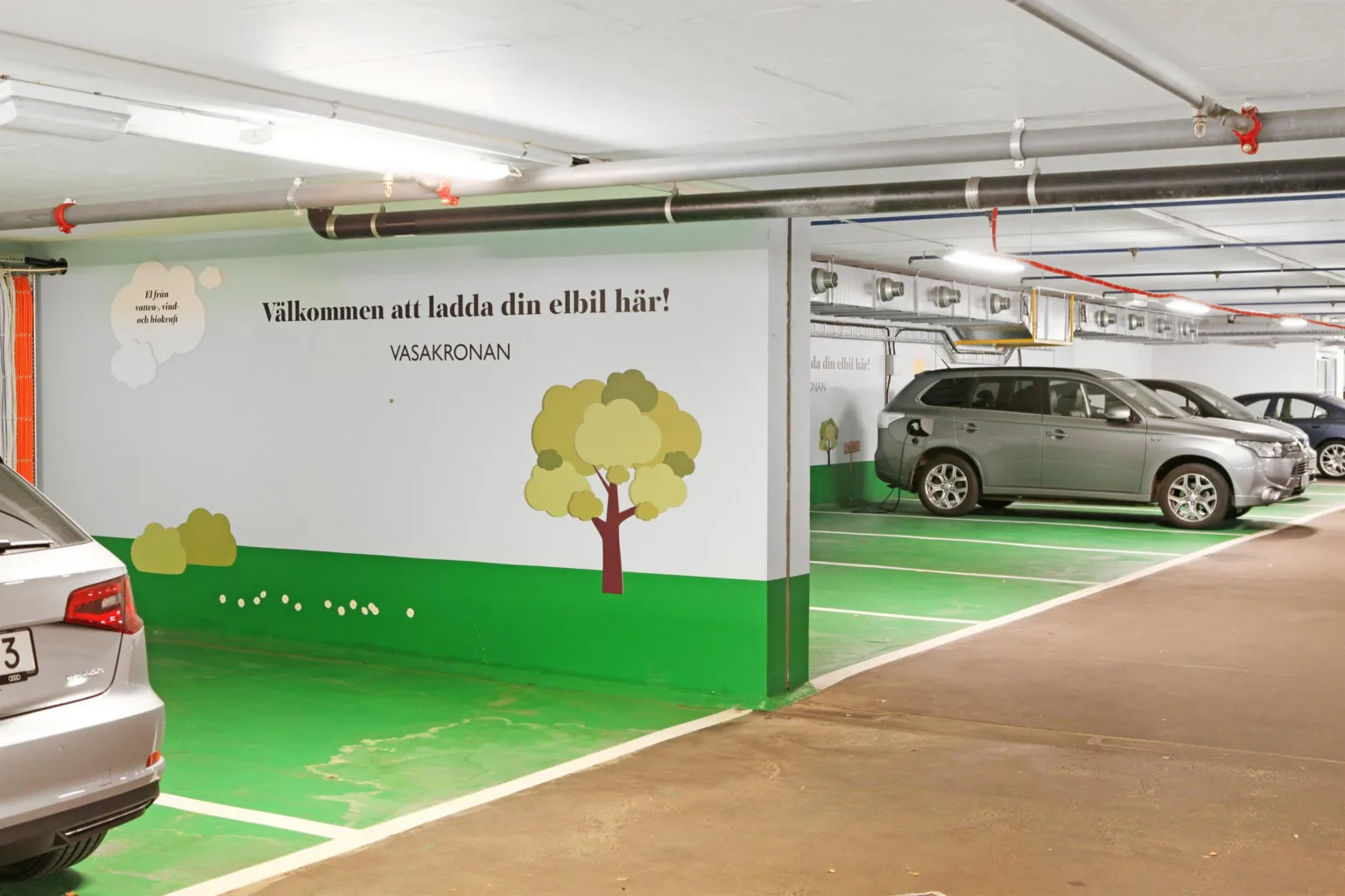 2. En parkeringsplats inomhus med gröna markerade rutor och en vägg med texten "Välkommen att ladda din elbil här!" samt illustrationer av träd.