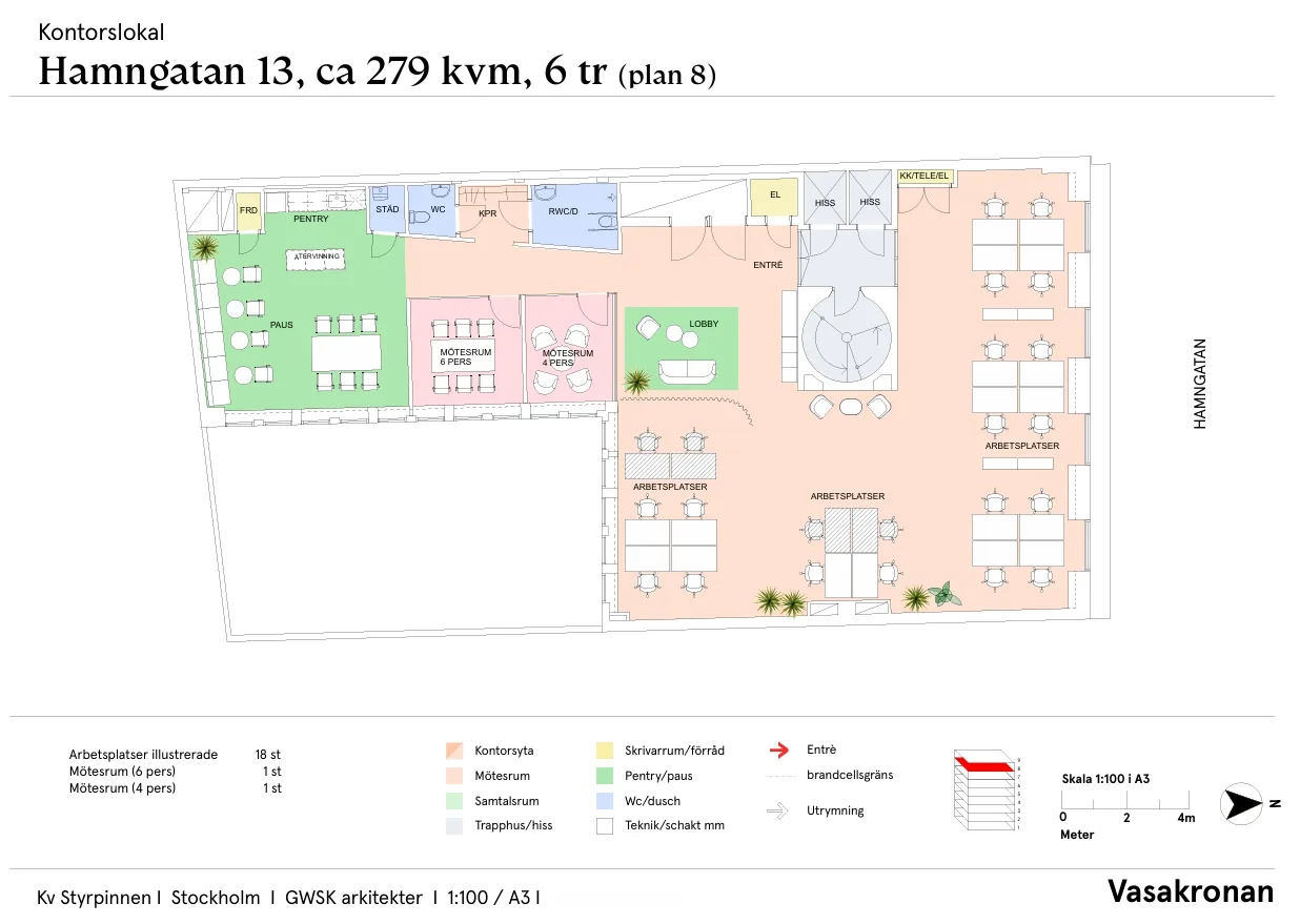 Planlösning med färgkodade områden, markerade rum och texten "Plan 13, ca 279 kvm, 6 tr (plan 6)".