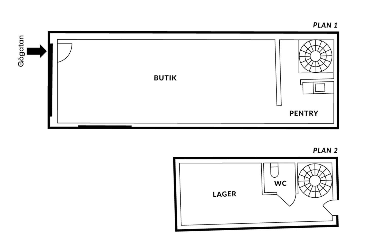 En ritning med planlösning för två våningar, med markerade områden för butik, lager, WC och pentry.