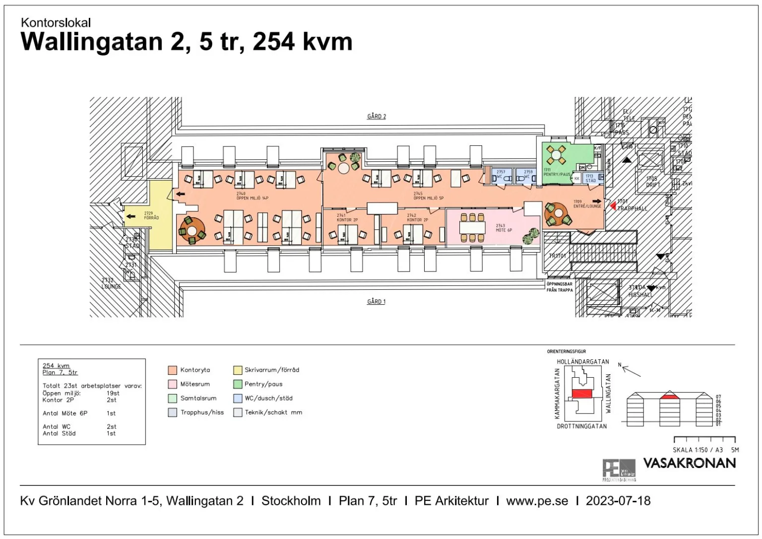 Planritning för en våning på 254 kvm med detaljerad färgkodning och textbeskrivningar.