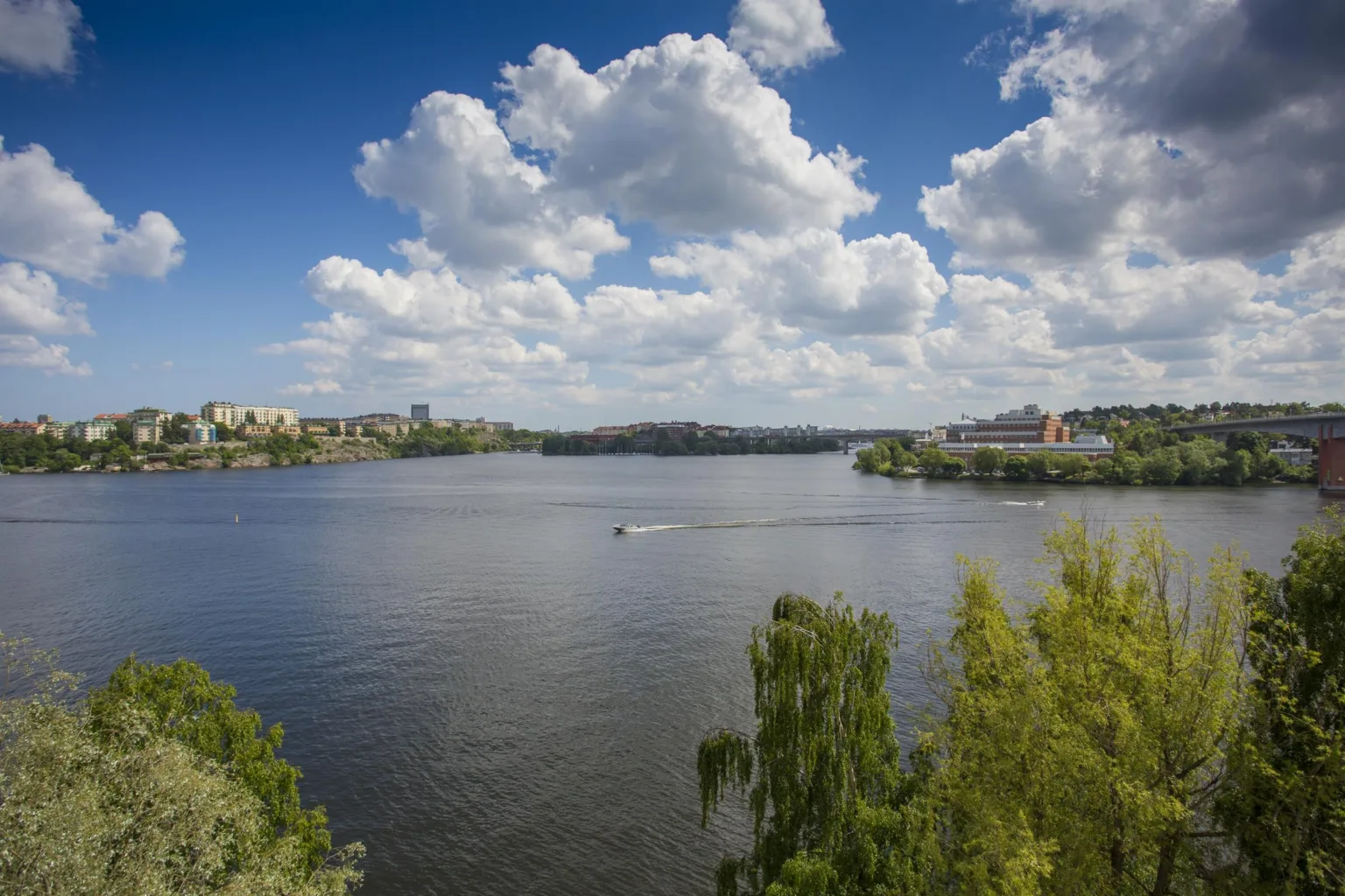 En stor sjö omgiven av grönskande träd och byggnader under en blå himmel med vita moln.